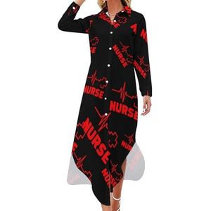 Verpleegster Heartbeat rood kruis dames maxi-jurk lange mouwen knopen overhemd jurk casual feest lange jurken 6XL