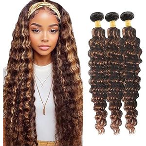 Jucames Deep Wave Human Hair Extension Weave 3 Bundles Menselijk Haar Remy Double Weft Color Highlight Brown Color for Woman 16 18 20 Inch