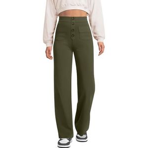 MASUCOR Damesstoffen Broek Comfortabele Rechte Pijpen Stretch Elegante Wijde Broeken Pantalons Zakelijk Kantoor Casual met Meerdere Knopen en Zakken Effen Pull-on Broek(Green,XL)