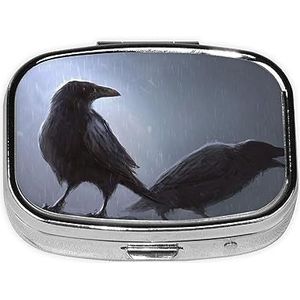 Mini vierkante pillendoos, medicijnorganizer, Ravens draagbare EHBO-doos, reispillendoos met 2 vakken, kleine pillendoos voor zak of portemonnee