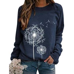 Dresswel Dames paardenbloem sweatshirt lange mouwen paardenbloem print trui herfst winter blouse tops bovenstuk, 1 marineblauw, XL