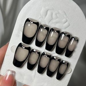MouyouGlow Handgemaakte press-on nagels, lang, ballerina, zwarte strass, jelly, gothic, zwart, zelfklevend, handgemaakte kunstnagels, 10 stuks (#36-L)