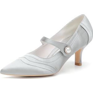 KYEGLO Satijnen Damesschoenen Met Spitse Neus En Enkelbandje, Gesloten Neus, Lage Hakken, Perfect Voor Bruiloften En Schoolfeesten,Zilver,36