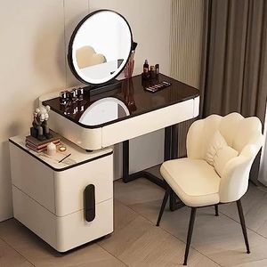 360° draaibare spiegel make-up tafel, gedempte kruk voor slaapkamer make-up ijdelheid, ijdelheid set tafel met gehard glas tafelblad en lade opslag, modern ijdelheid bureau (kleur: