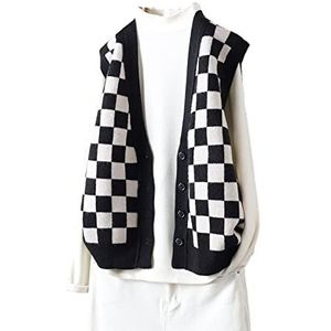 Trui Vrouwen,Dames V-Hals Trui Vest Retro Kort Zwart Wit Geruit Vest Jas Casual Mouwloos Gebreide Gilets Vest Preppy Stijl Jumper Uniform Tank Top