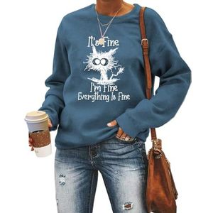 MLZHAN It's Fine I'm Fine Everything Is Fine Dames Sweatshirt Grappig Explosief Haar Kat Print Shirts Lange Mouw Truien Top, Blauw 2, S