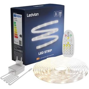 Ledvion Dimbare LED-strip 5M, 3000K-6500K, 24V, 13W, Plug & Play, Incl. afstandsbediening, Instelbare kleurtemperatuur, 60 LED's/m, ingekort tot 20cm, 2 jaar garantie, Zonder 2 AAA-batterijen