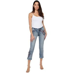 Koroshi Lange jeansbroek voor dames, geborduurd, ritssluiting, knoop, lichtblauw, CL, Blauw, 38