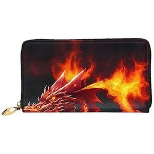 AkosOL Dragon King in Fire lederen portemonnee, lange clutch portemonnee, zacht materiaal, ritsontwerp anti-verlies geld, 12 bankkaartsleuven, lichtgewicht, waterdicht en duurzaam voor het stijlvolle