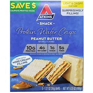 Atkins - Protein Wafer Crisps - Peanut Butter - Doos - 5 x 36 gram - Low carb snack - Eiwitrepen - Koolhydraatarme sportvoeding - Afslanken met proteïne repen | Snel afvallen zonder hongergevoel!