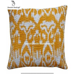 GANESHAM HANDICRAFTS Indiase Handwerk Geel Kantha Sofa Kussen Gooi Pailletten Kussensloop Boho Chic Woonkamer Decor Designer Ikat Toss Kussen Handgemaakte Kussenhoes