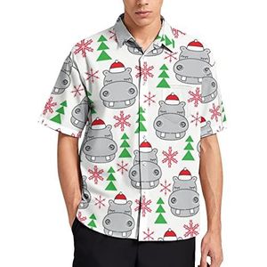 Kerst nijlpaarden met kerstmutsen heren korte mouw T-shirt casual button down zomer strand top met zak