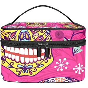 Fruit Patroon Make-up Tas Voor Vrouwen Meisjes Cosmetische Tassen Met Handvat Reizen Make-up Organizer Bag, Roze Schedel, 8.9x5.9x5.4 Inches, Make-up Pouch