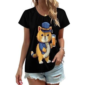 Cat Beer Dames V-hals T-shirts Leuke Grafische Korte Mouw Casual Tee Tops M