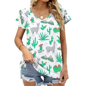Alpaca lama en cactus grafische blouse top voor vrouwen V-hals tuniek top korte mouw volant T-shirt grappig