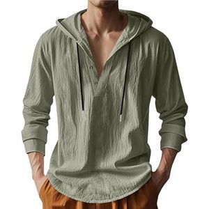 CupitiDU Linnen strandshirt met capuchon voor heren, lichtgewicht knoopsluiting, losse pasvorm, ademend zomershirt tops met capuchon, legergroen, 3XL