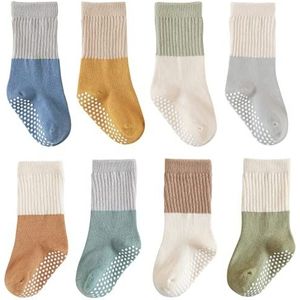 J Poqobog Antislip-babysokken voor peuters en baby‘s, meisjes en jongens, katoen met ABS-antislipnoppen, 8 paar (DE/NL/SE/PL, Leeftijd, 6 maanden, 12 maanden, Regular, Blauw groen antislip 8 paar)