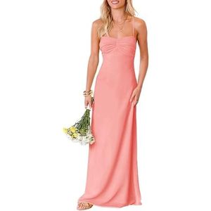HPPEE Damesjurk met ronde hals, chiffon, bruidsmeisjesjurk, mouwloos, A-lijn, bruidsmeisje, spaghettiband, formele jurk, Koraal, 32