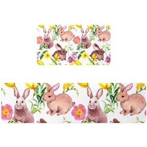 VAPOKF 2 stuks keukenmat schattig konijn in voorjaarsbloemen, antislip wasbaar vloertapijt, absorberende keukenmat loper tapijt voor keuken, hal, wasruimte