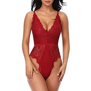 EVELIFE Dames Sexy Teddy Lingerie Een Stuk Kanten Babydoll Diepe v-Hals Bodysuit, Wijn Rood S