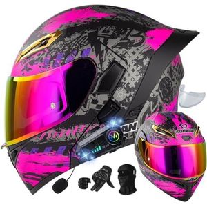 Motorhelm met Bluetooth-systeemhelm, motorhelm, modulaire Bluetooth-helm met dubbel vizier, DOT/ECE-goedgekeurde helm, anticondens volwassenen dames heren E,XL61-62CM