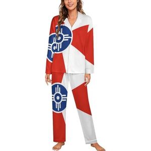 City of Wichita vlag dames lange mouw button down nachtkleding zachte nachtkleding lounge pyjama set S