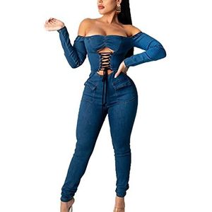 Denim Jumpsuit Voor Dames Off-Shoulder Denim Overalls Een Schouder Oogje Bandjes Sexy Denim Jumpsuit