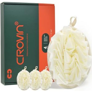 Crovin Bad douche poef spons - 4 verpakkingen exfoliërende mesh poef spons - grote 5 x 7 premium loofah douche scrubber voor mannen en vrouwen - elastische handriem lichaamsborstel om uw huid te
