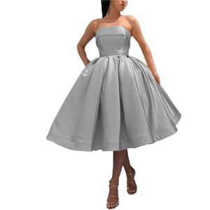 Vrouwen Korte Strapless Satijn Homecoming Jurken Thee Lengte Lace Up Avond Prom Jassen, Zilver, 48 grote maten