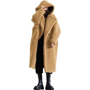 Sawmew Damesjas Van Teddyfleece Met Capuchon, Oversized Jack Met Capuchon, Lange Donzige Warme Slouchy Winterhoodie Met Zakken (Color : Khaki, Size : 3XL)