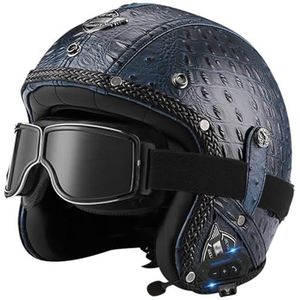 Bluetooth-Motorhelm Retro Open Helm Met Bril 3/4 Lederen Motorhelm Jet ECE Goedgekeurd Halve Helm Voor Mannen En Vrouwen Volwassenen Bromfiets Scooter 9,XL(61-62CM)