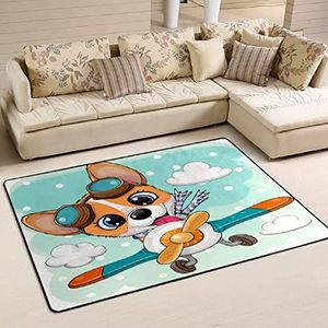 Gebied Vloerkleed 100x150cm, Leuke Cartoon Corgi Vliegtuig Kantoor Matten Pluche Welkom Mat Print Vloermatten, Voor Picknick, Slaapkamer