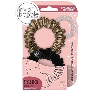 invisibobble Sprunchie Slim Spiral Hair Ring - True Black and True Golden - 2 Pack- Scrunchie Stylish Bracelet, Strong Elastic Grip Coil Accessories for Women - Gentle for Girls Teens and Thick Hair