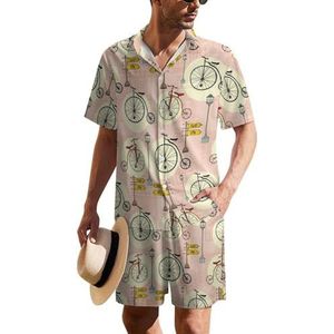 Retro fietsen en straatverlichting heren Hawaiiaanse pak set 2-delig strand outfit korte mouw shirt en shorts bijpassende set