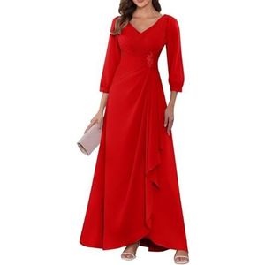 KIYNE Dames lange mouwen moeder van de bruid jurken ruches geplooide chiffon formele jurk avond party jurk, Rood, 32