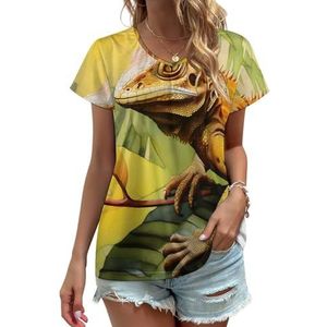 Gele hagedis dames V-hals T-shirts leuke grafische korte mouw casual T-shirt tops XL