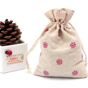 Linnen jute tas 50 stuks 10 x 14 cm linnen bedrukt katoen jute geschenkzakken feest bruiloft gunsten trekkoord snoep noten sieraden verpakking tas baby douche (kleur: roze madeliefje)