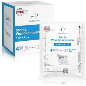 Health Press Steriele compressen 5 x 5 cm, 40 wondcompressen in een set (20 x 2 stuks) – verbandmateriaal voor wondverzorging – gaascompressen 4-laags – steriel verband dermatologisch getest