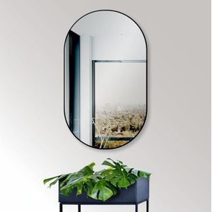 HOKO® Design wandspiegel, ovaal, 60 x 100 cm, met metalen lijst, mat zwart, hoge en horizontale montage mogelijk. Ovale spiegel voor badkamer, hal, slaapkamer. Designspiegel met lijst voor de