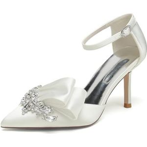 EICOFF Dames Hoge Hakken Gesloten Teen Pumps voor Bruid Bruiloft Satijn Strass Enkelband Stiletto Trouwschoenen Jurk Party Schoenen,ivoor,35 EU