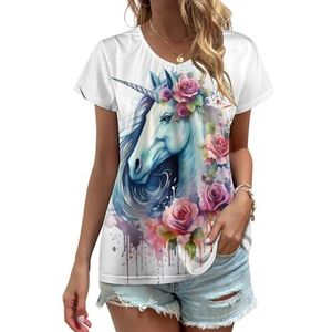 Kleurrijke Eenhoorn Rose Vrouwen V-hals T-shirts Leuke Grafische Korte Mouw Casual Tee Tops 3XL