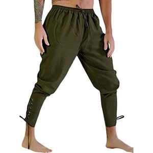 Sawmew Middeleeuwse herenbroek Piraatbroek Cosplaykostuum Veterbroek Viking Renaissance Steampunk Casual broek met zakken en vetersluiting (Color : Green, Size : 3XL)