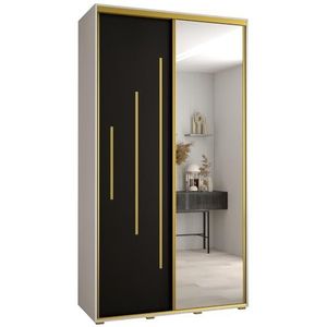 MEBLE KRYSPOL Davos 13 130 Kledingkast met twee schuifdeuren voor slaapkamer - Moderne Kledingkast met spiegel, kledingroede en planken - 235,2x130x45 cm - Wit Zwart Goud