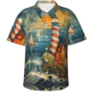 ERSDWRE The Seaside Lighthouse Print Heren Korte Mouw Button-Down Shirts Casual Zomer Strand Shirts Hawaii Shirt voor Mannen, Zwart, S