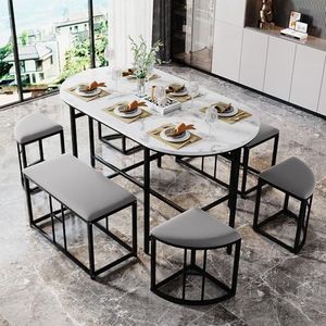 Aunvla Eetgroep (set met eettafel, 4 kleine krukken en 2 grote krukken), keuken eettafel set met stalen frame. Modern wit en zwart. 140 x 70 x 76 cm, belastbaar 120 kg