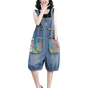QOUERUUE Dames Mouwloze Print Denim Romper Shorts Loose Fit Jumpsuit Jean Romper Shortalls met Zakken,Blauw,L