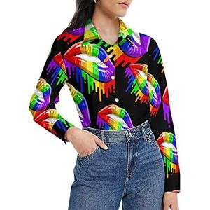 LGBT Gay Pride Rainbow Lips damesshirt met lange mouwen en knoopsluiting, casual werkshirts, tops, 5XL