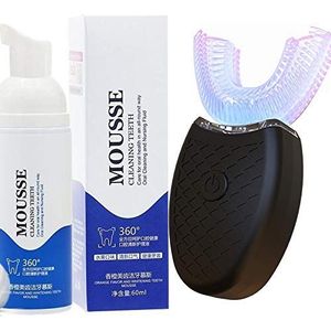 Elektrische tandenborstel voor volwassenen, ultrasone automatische U-vormige tandreiniger waterdichte tandreiniger, plaque verwijdering whitening kit met tandpasta, 360 ° koud licht tanden bleken (zwart)