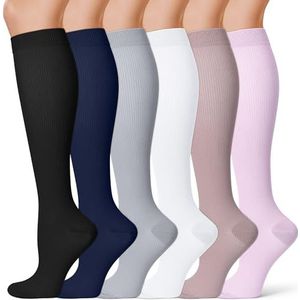Foaky Compressiesokken voor dames en heren, 6 paar compressiesokken die het beste zijn voor atletisch, verpleging, hardlopen, vliegreizen, 6 paar-zwart/marine/grijs/wit/rood/roze, L/XL