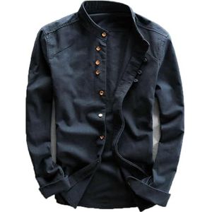 Soulona overhemd in Japanse stijl, lange mouwen, casual, button-up, vintage overhemd, opstaande kraag, modieuze shirts, Donkerblauw, M